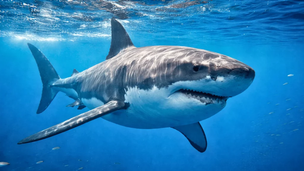 Un grand requin blanc nage près de la surface dans une eau bleu profond, ses dents bien visibles.
