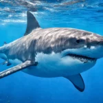 Un grand requin blanc nage près de la surface dans une eau bleu profond, ses dents bien visibles.