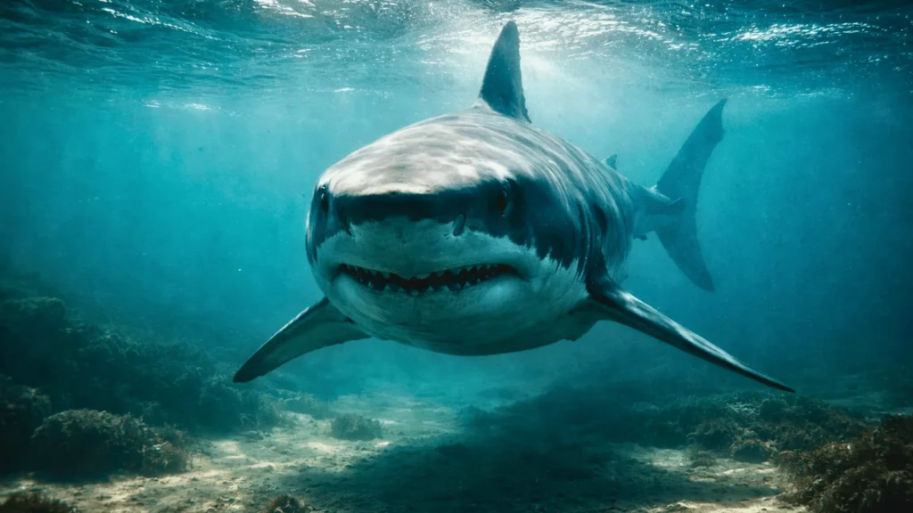 Un grand requin blanc nage lentement sous la surface, son regard fixe et sa silhouette massive évoquent une menace invisible dans les eaux tropicales.