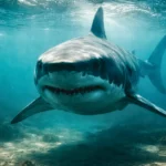 Un grand requin blanc nage lentement sous la surface, son regard fixe et sa silhouette massive évoquent une menace invisible dans les eaux tropicales.