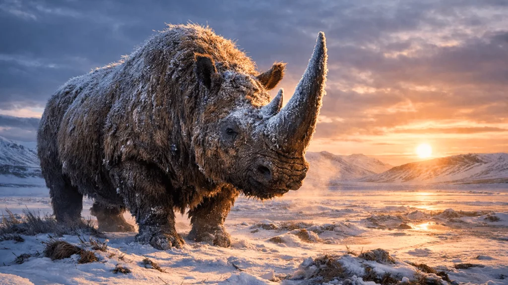 Un rhinocéros laineux avance dans une plaine glacée, recouvert de givre, sous un ciel d’hiver.