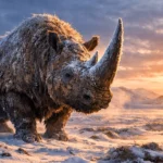 Un rhinocéros laineux avance dans une plaine glacée, recouvert de givre, sous un ciel d’hiver.