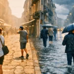 Une rue européenne coupée en deux : sol sec sous une chaleur écrasante d’un côté, chaussée inondée sous une pluie intense de l’autre.