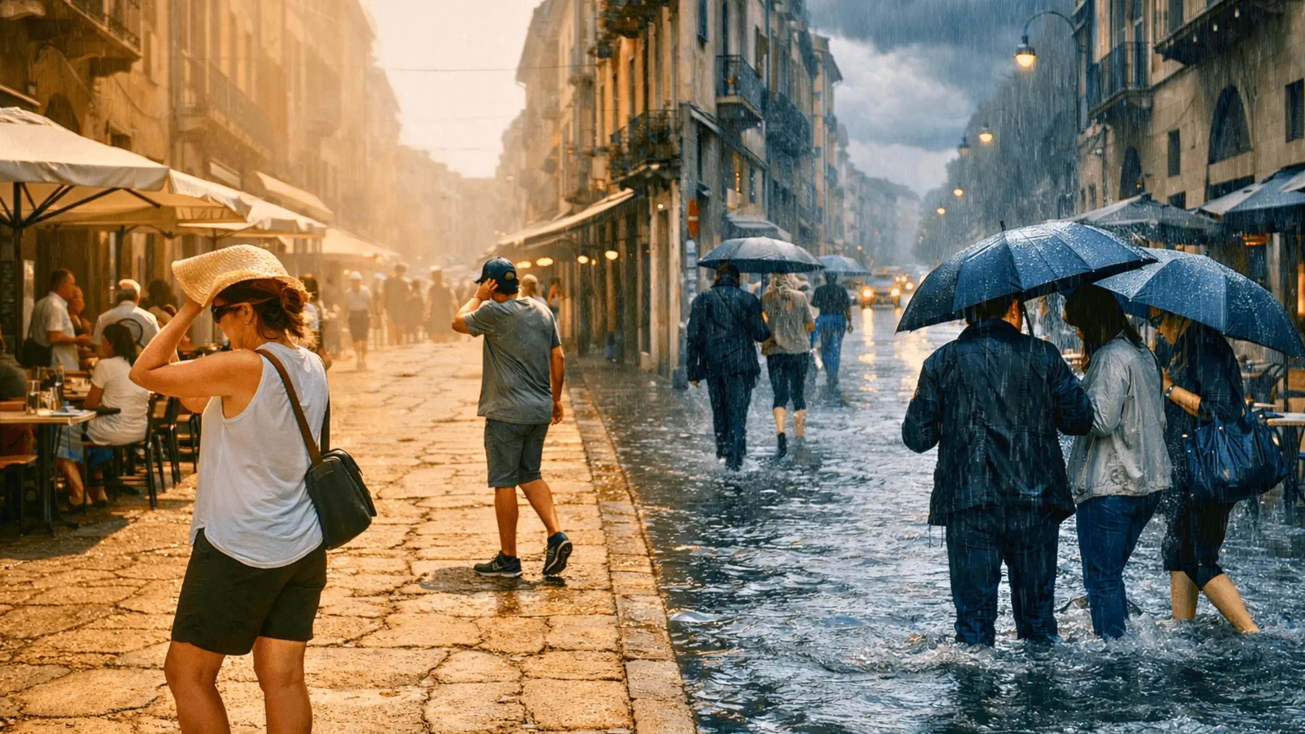 Une rue européenne coupée en deux : sol sec sous une chaleur écrasante d’un côté, chaussée inondée sous une pluie intense de l’autre.
