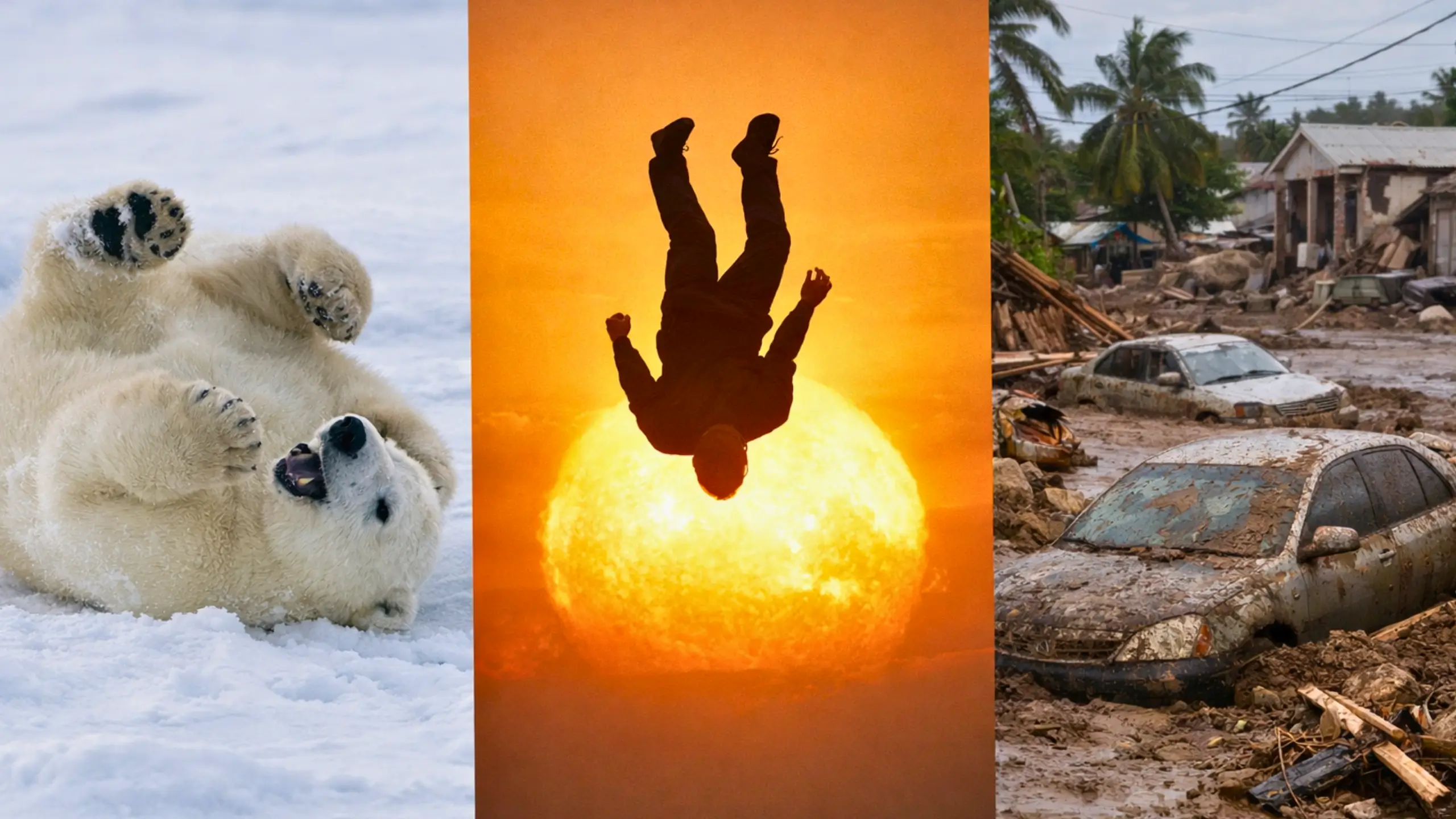 Trois scènes en collage : un ours polaire joue dans la neige, un homme semble tomber vers un soleil incandescent, et des voitures ensevelies dans la boue après un ouragan en Jamaïque.