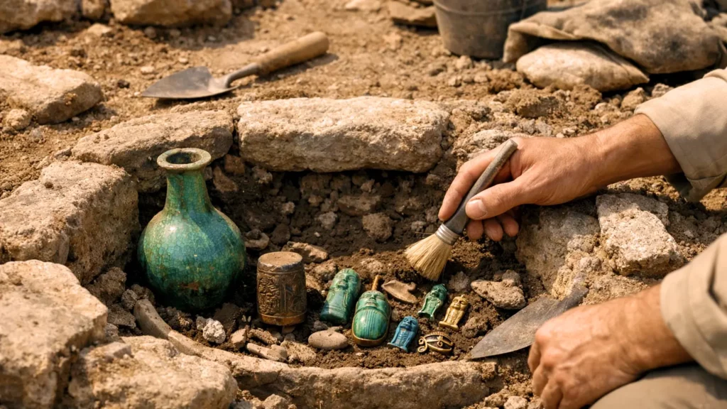 Une sépulture d’élite de l’âge du Fer partiellement dégagée dans la vallée de Jezreel, avec des objets funéraires de luxe assyriens et égyptiens soigneusement mis au jour par des archéologues.