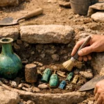 Une sépulture d’élite de l’âge du Fer partiellement dégagée dans la vallée de Jezreel, avec des objets funéraires de luxe assyriens et égyptiens soigneusement mis au jour par des archéologues.
