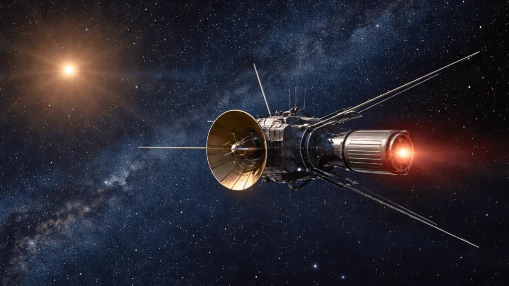 Mains tenant une maquette de la sonde Voyager mettant en avant le générateur nucléaire.