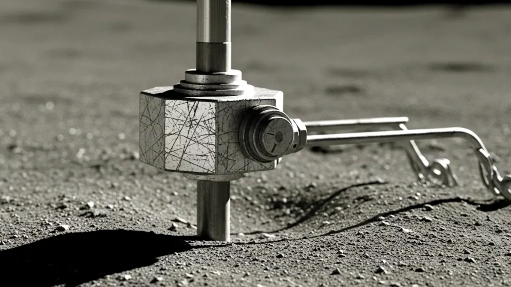 Gros plan sur un mécanisme de forage robotique métallique ancien posé sur le sol lunaire poussiéreux.