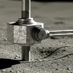 Gros plan sur un mécanisme de forage robotique métallique ancien posé sur le sol lunaire poussiéreux.