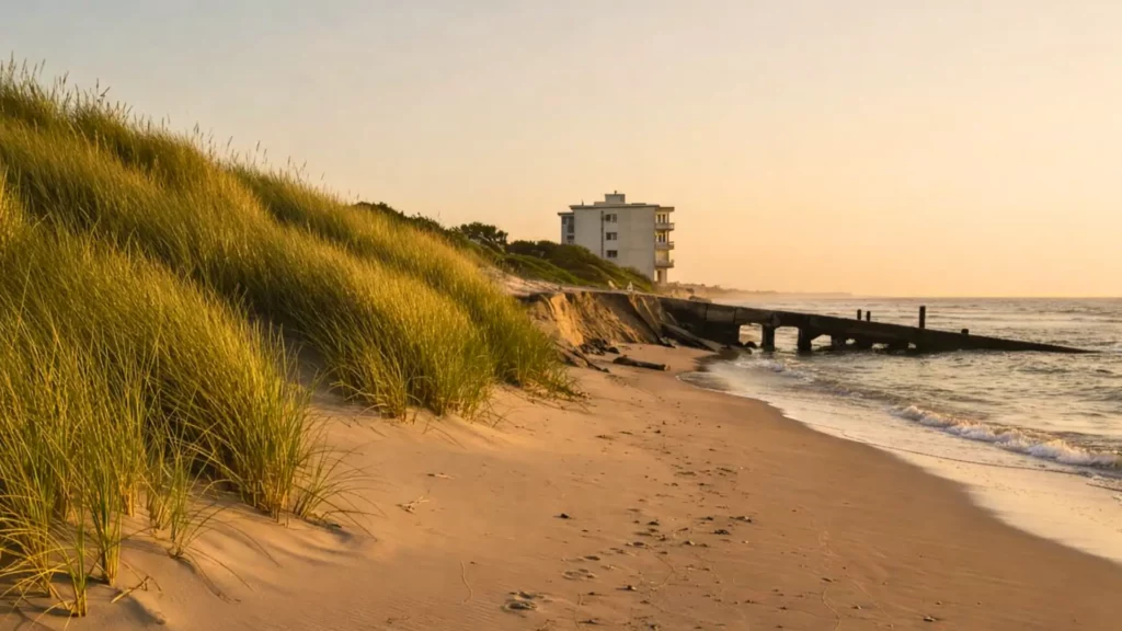 Plage sableuse en recul avec dune érodée, ouvrage côtier et immeuble en arrière-plan face à la mer