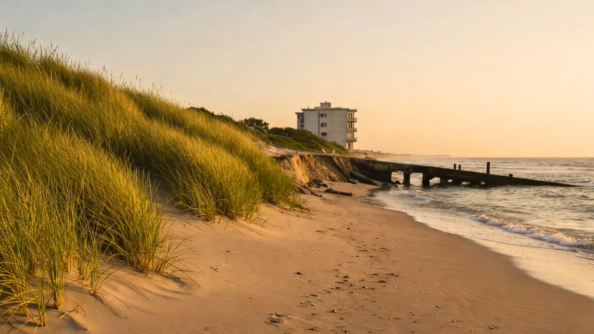 Plage sableuse en recul avec dune érodée, ouvrage côtier et immeuble en arrière-plan face à la mer