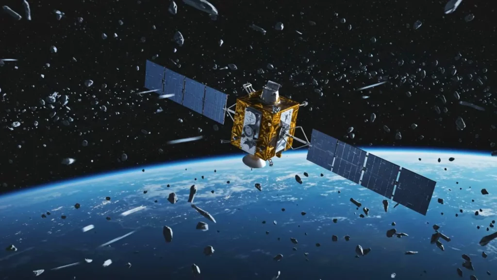 Satellite en orbite terrestre entouré de débris spatiaux, illustrant un système de protection avancé contre les impacts à haute vitesse.
