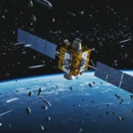 Satellite en orbite terrestre entouré de débris spatiaux, illustrant un système de protection avancé contre les impacts à haute vitesse.