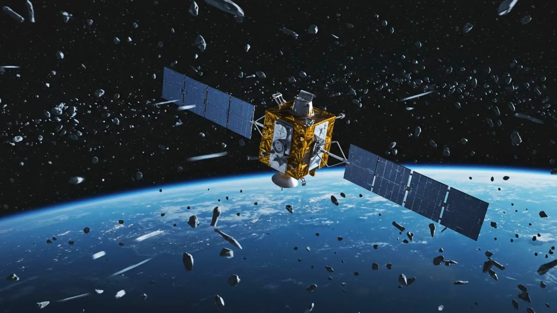 Satellite en orbite terrestre entouré de débris spatiaux, illustrant un système de protection avancé contre les impacts à haute vitesse.