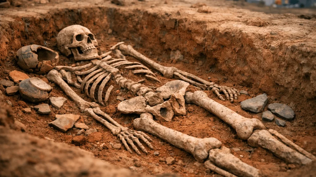 Squelette humain géant partiellement excavé dans une tombe néolithique à Jiaojia, entouré de poteries brisées et d’outils anciens.