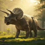 Tricératops marchant dans une forêt préhistorique baignée de lumière, reconstitution réaliste d’un dinosaure herbivore.