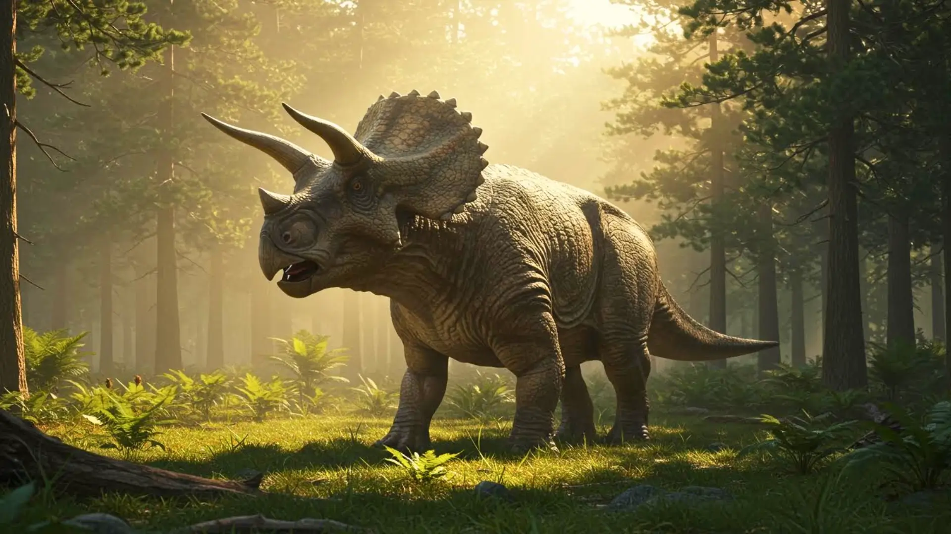 Tricératops marchant dans une forêt préhistorique baignée de lumière, reconstitution réaliste d’un dinosaure herbivore.