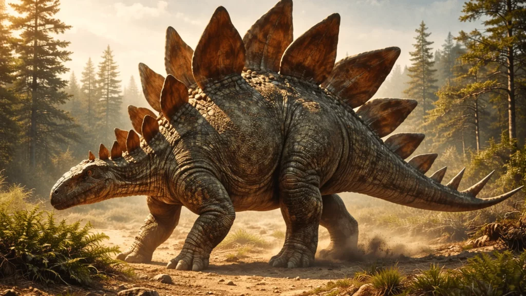 Un stégosaure géant marche lentement dans un paysage jurassique aride, soulevant la poussière sous ses pas massifs.