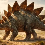 Un stégosaure géant marche lentement dans un paysage jurassique aride, soulevant la poussière sous ses pas massifs.