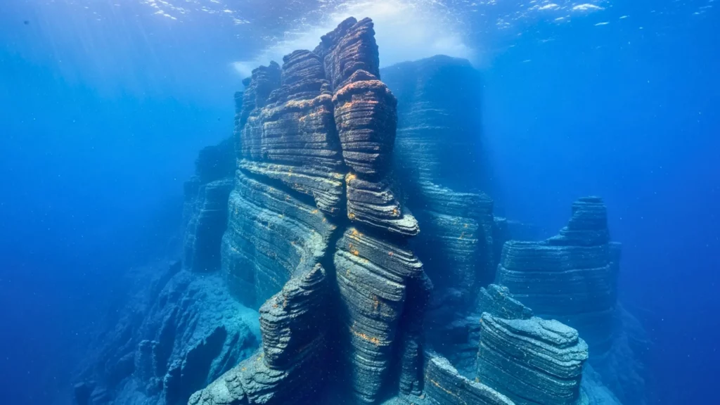 D’immenses structures rocheuses mystérieuses reposent au fond de l’océan Pacifique, baignant dans une lumière bleutée.