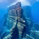 D’immenses structures rocheuses mystérieuses reposent au fond de l’océan Pacifique, baignant dans une lumière bleutée.
