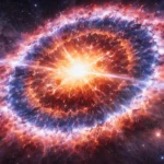 Explosion spectaculaire d’une étoile naine blanche dans l’espace, formant une supernova avec des couches concentriques colorées de gaz et de matière.