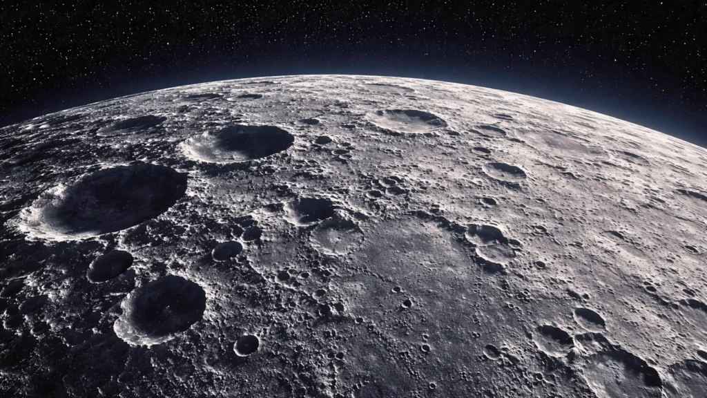 Vue réaliste de la surface lunaire criblée de cratères, avec l’espace étoilé en arrière-plan.