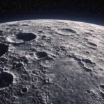 Vue réaliste de la surface lunaire criblée de cratères, avec l’espace étoilé en arrière-plan.