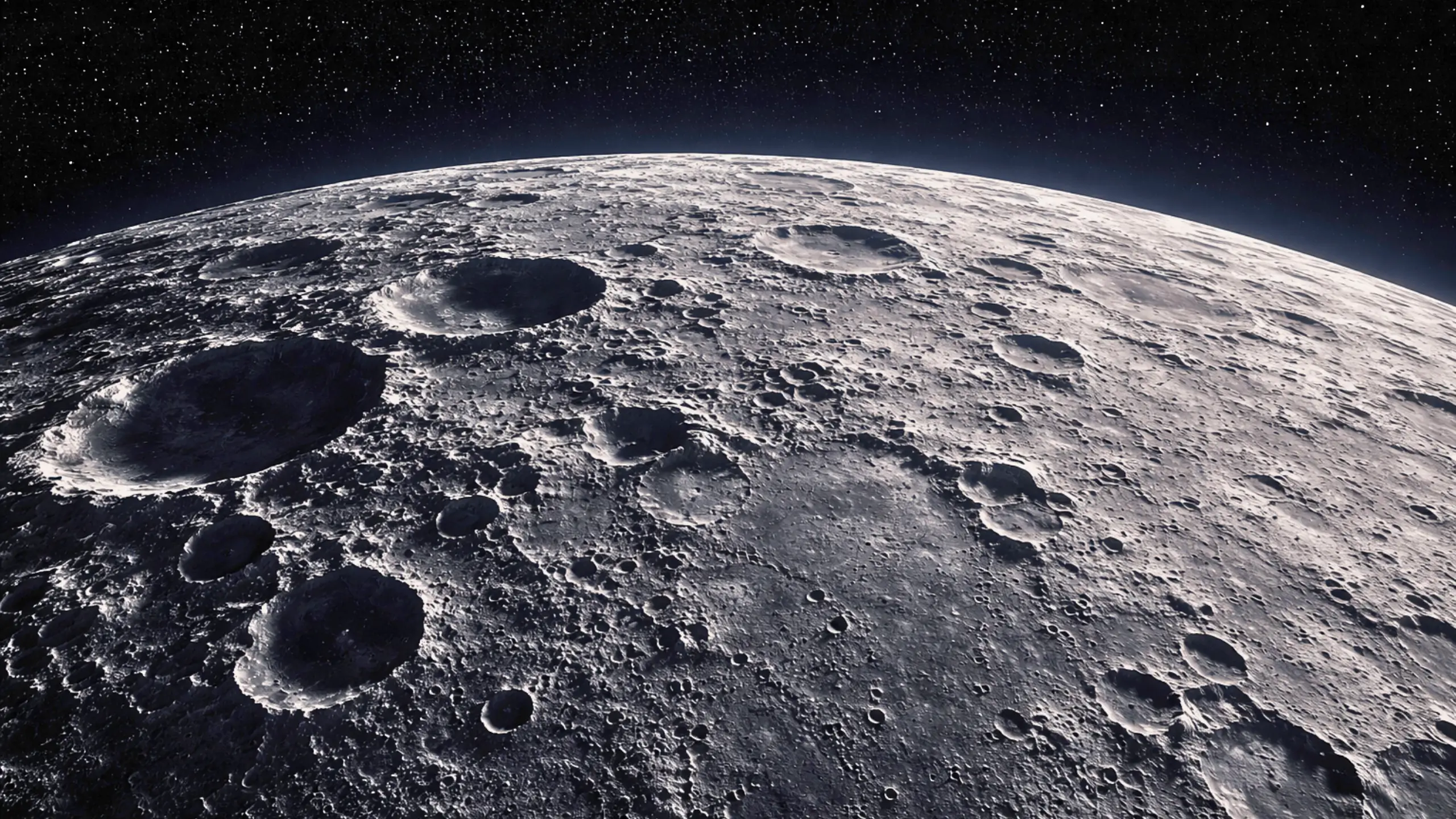 Vue réaliste de la surface lunaire criblée de cratères, avec l’espace étoilé en arrière-plan.