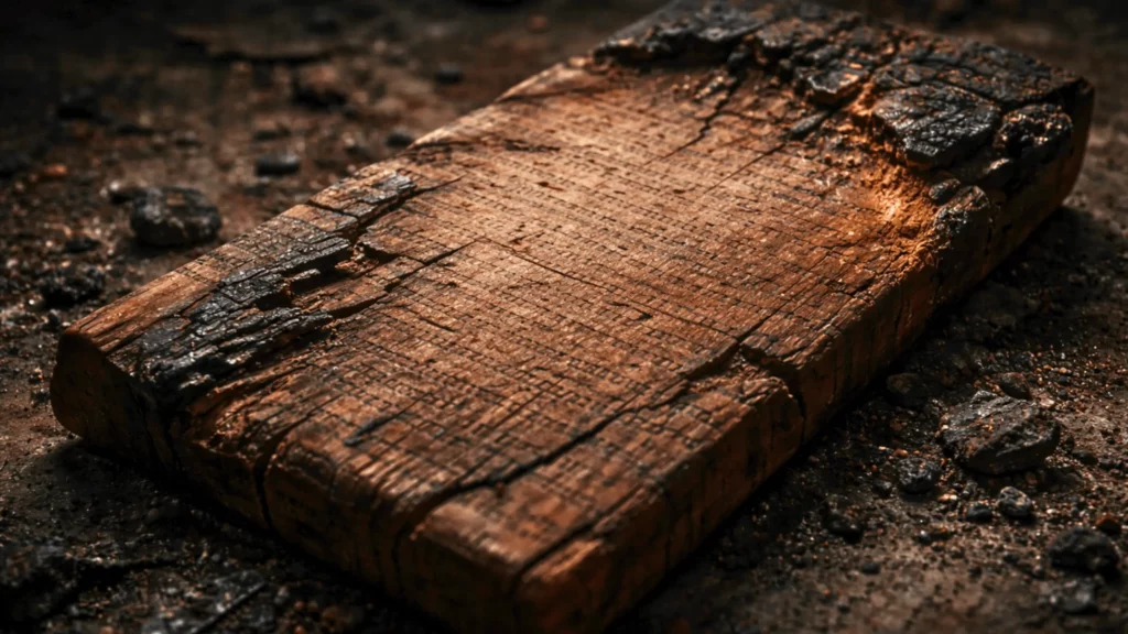 Tablette romaine en bois partiellement brûlée, fissurée, avec de fines traces d’écriture gravées encore visibles à la surface.