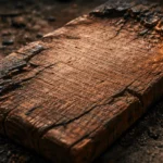 Tablette romaine en bois partiellement brûlée, fissurée, avec de fines traces d’écriture gravées encore visibles à la surface.
