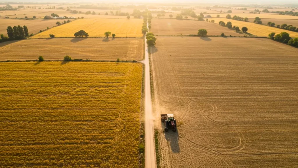 Vue aérienne de champs agricoles asséchés en France, séparés par un chemin rural, avec un tracteur circulant sur une parcelle touchée par la sécheresse.