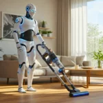 Robot humanoïde futuriste aspirant le sol dans un salon moderne, illustrant les promesses de Tesla autour du robot Optimus destiné aux tâches domestiques