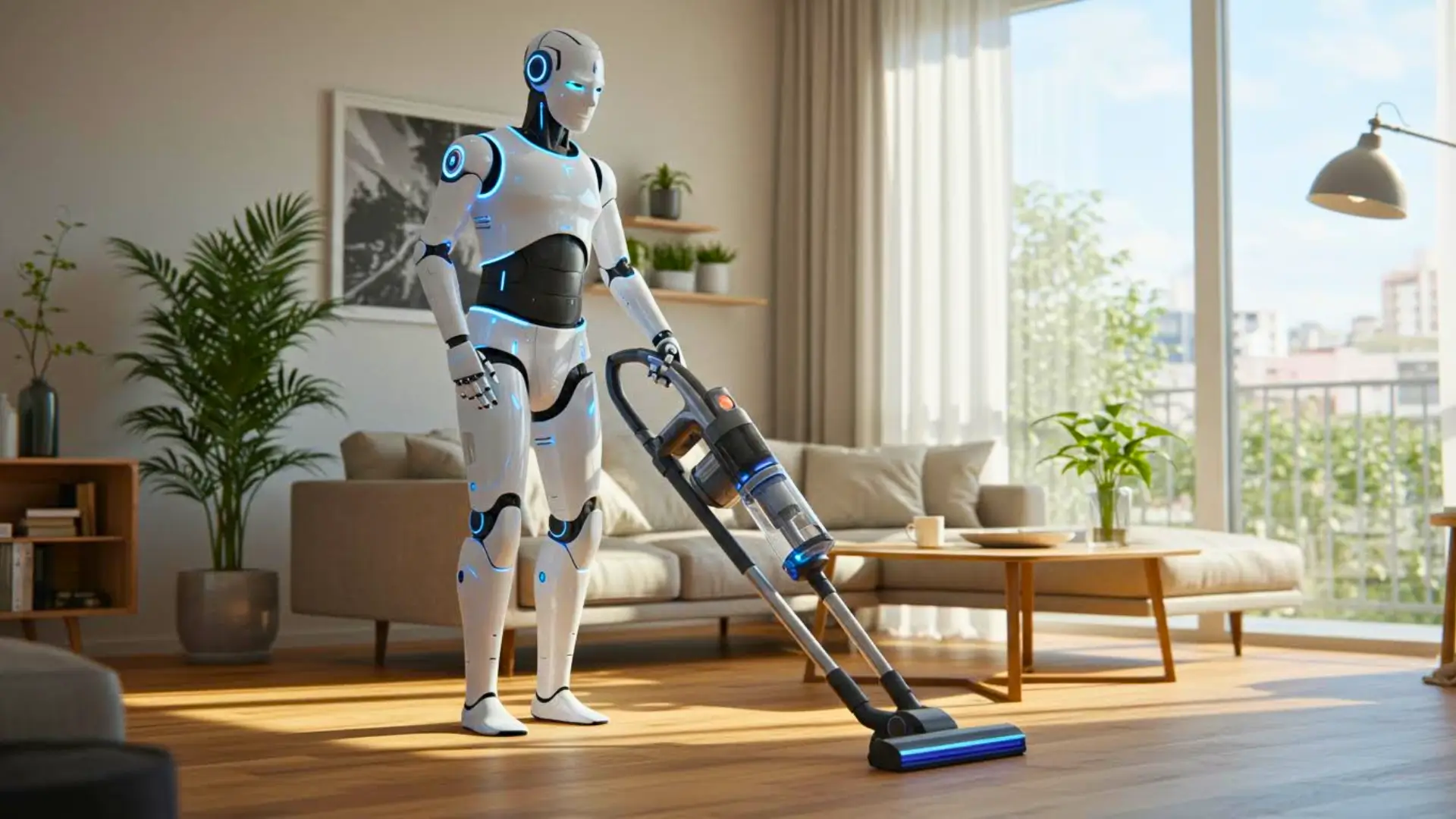 Robot humanoïde futuriste aspirant le sol dans un salon moderne, illustrant les promesses de Tesla autour du robot Optimus destiné aux tâches domestiques