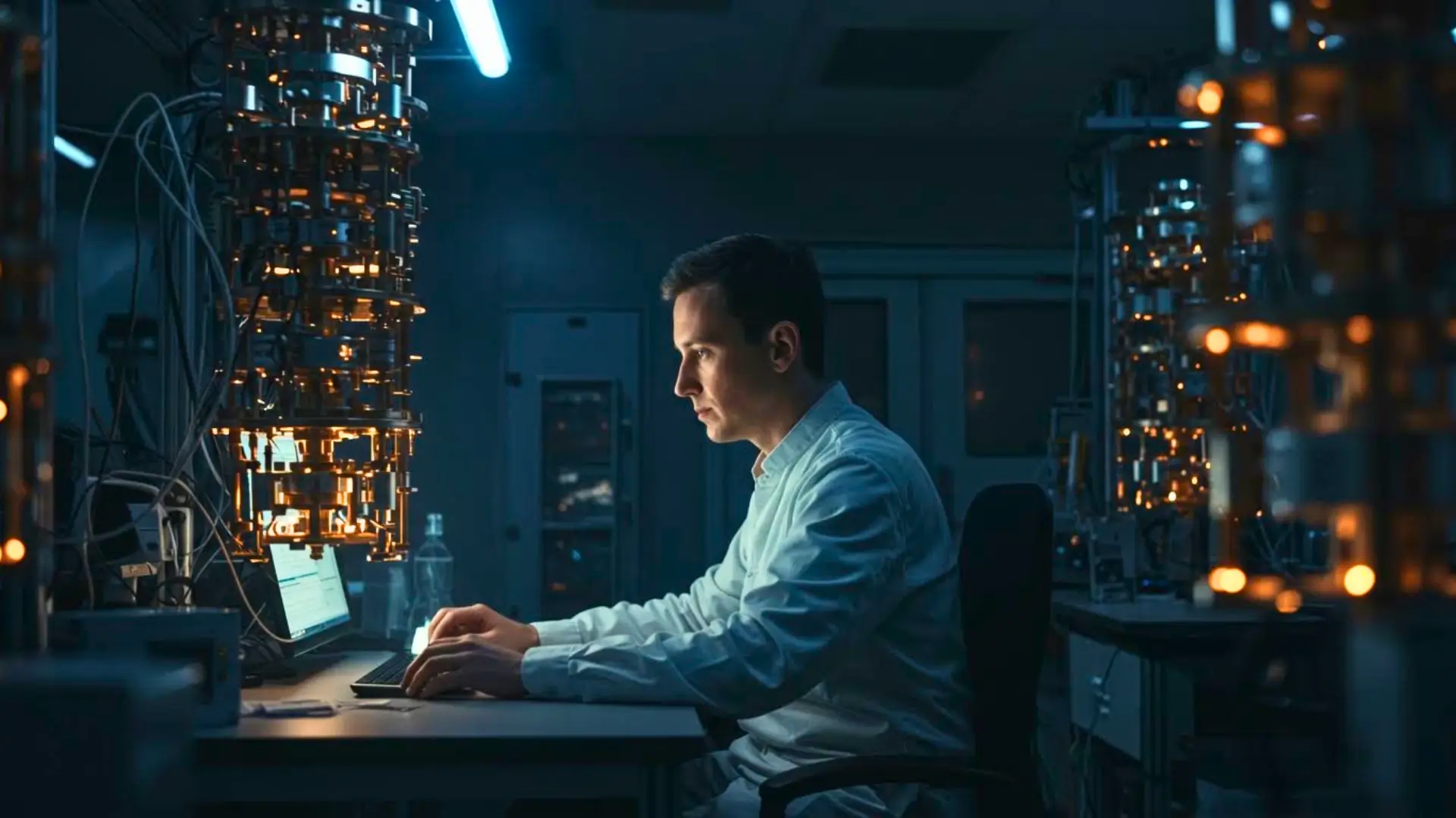 Chercheur travaillant sur un ordinateur quantique dans un laboratoire de recherche avancée, symbolisant la consolidation technologique du quantique en 2026
