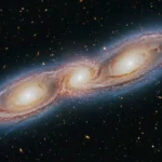 Illustration d’une fusion galactique triple montrant trois galaxies spirales en interaction, chacune contenant un trou noir supermassif actif au centre.