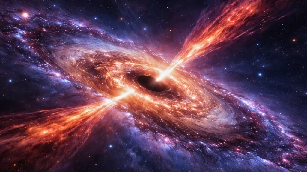 Vue spectaculaire d’un trou noir supermassif éjectant des jets de gaz, au centre d’une galaxie spirale lointaine.
