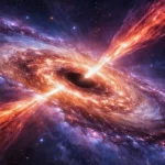Vue spectaculaire d’un trou noir supermassif éjectant des jets de gaz, au centre d’une galaxie spirale lointaine.