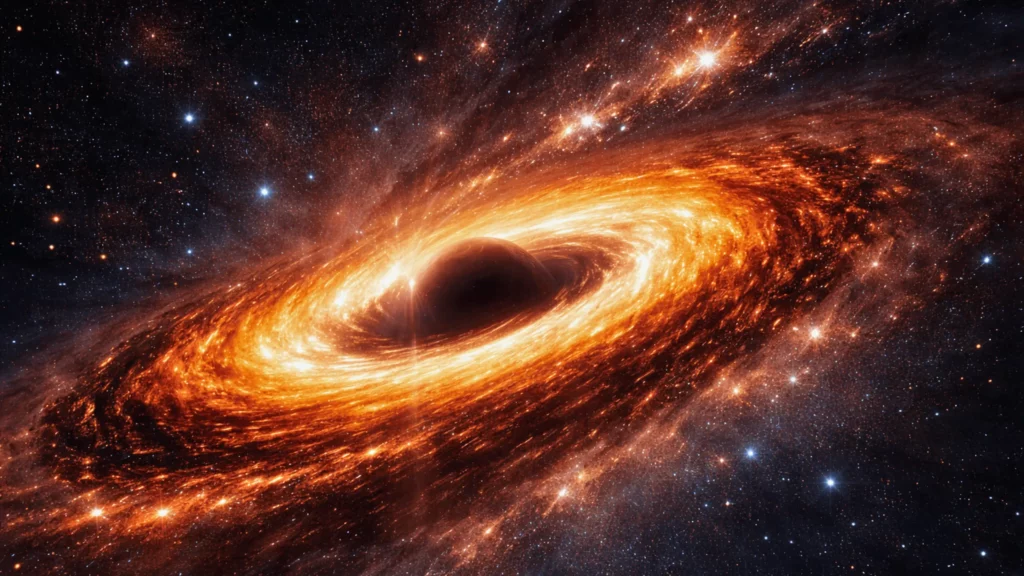 Un trou noir supermassif entouré d’un disque incandescent de gaz et de poussière, capté par une visualisation inspirée du télescope James Webb.