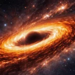 Un trou noir supermassif entouré d’un disque incandescent de gaz et de poussière, capté par une visualisation inspirée du télescope James Webb.