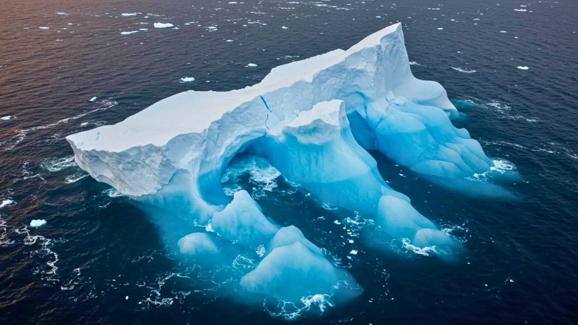 Iceberg A-23A en cours de fonte dans l’océan Austral, révélant des arches de glace bleutée formées par le réchauffement des eaux.