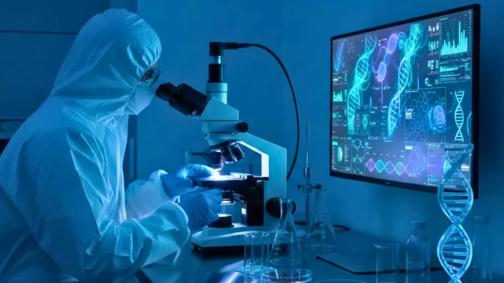 Scientifique en combinaison stérile observant un échantillon génétique au microscope, avec visualisation de données ADN sur écran en laboratoire.