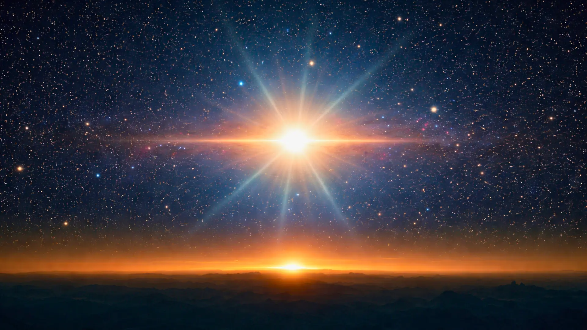 Lumière intense au cœur de l’univers, surgissant à l’horizon cosmique dans un ciel étoilé infini.