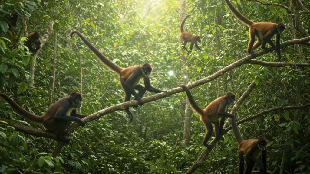 Groupe de singes-araignées se déplaçant dans la canopée, illustrant une organisation collective et un partage d’informations dans la forêt tropicale.