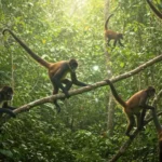 Groupe de singes-araignées se déplaçant dans la canopée, illustrant une organisation collective et un partage d’informations dans la forêt tropicale.