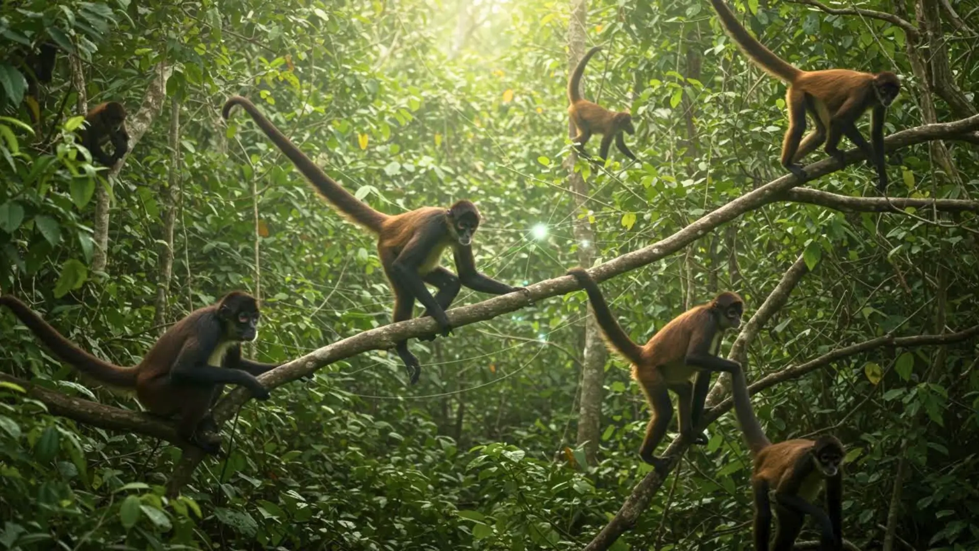 Groupe de singes-araignées se déplaçant dans la canopée, illustrant une organisation collective et un partage d’informations dans la forêt tropicale.