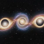 Illustration d’un système triple de trous noirs supermassifs en interaction, entourés de disques d’accrétion lumineux, au cœur d’une fusion galactique.