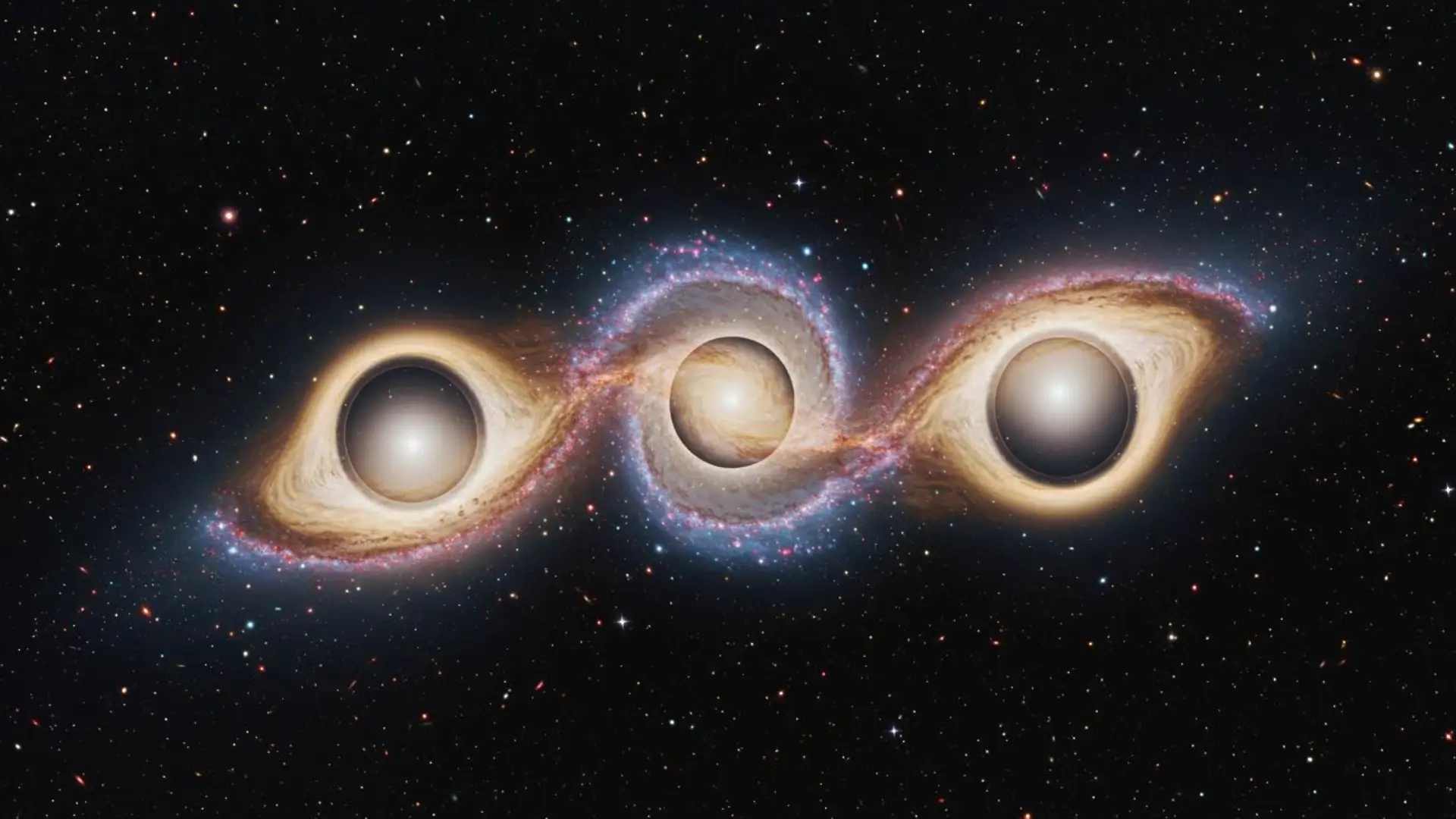 Illustration d’un système triple de trous noirs supermassifs en interaction, entourés de disques d’accrétion lumineux, au cœur d’une fusion galactique.