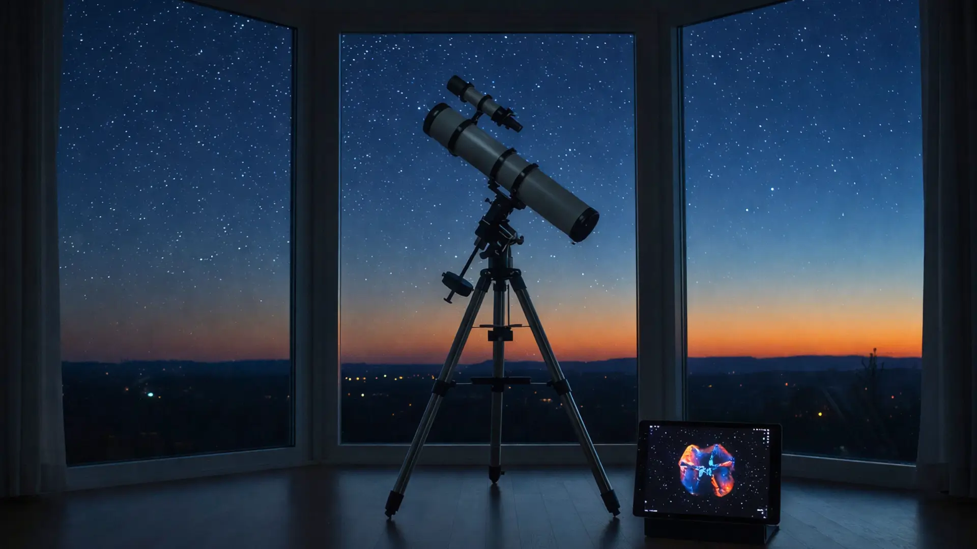 Télescope sur trépied devant de grandes baies vitrées, pointé vers un ciel étoilé au crépuscule, avec une tablette affichant une image astronomique.